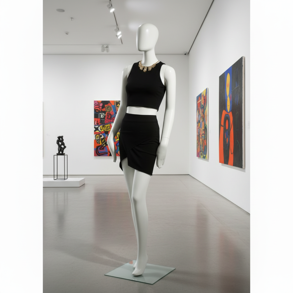 Faceless female mannequin. White, matte with faceless head. Luffed hands. Stands upright