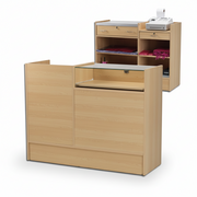 Slimline Disk, combo module, with glass top, incl. 1 pull-out tray, small drawer and 2 compartments each with 1 shelf, maple, H96 x W120 x D46 cm