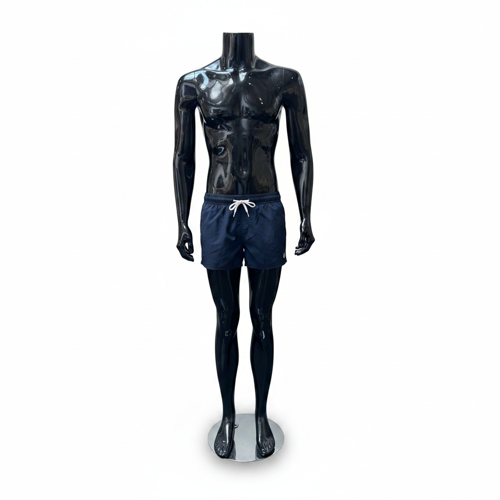Family men's mannequin. Black high-gloss without head. Round glass base. H175 cm. Model B - stands upright