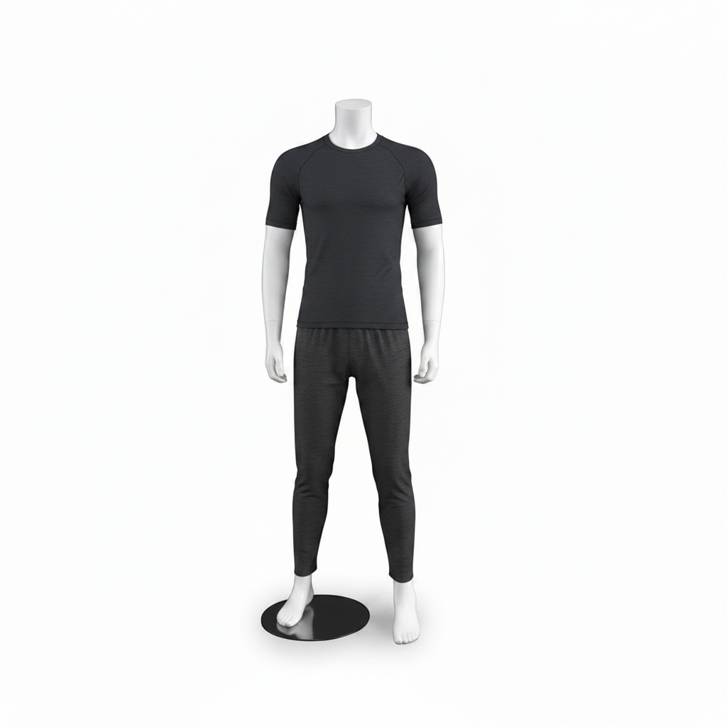 3000 male mannequin. White without head. Round metal base. H 175 cm. Model A, stands with legs apart