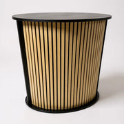 Curved shelf disk. Front with acoustic panel / wood slats. W104 x D43 x H105 cm.