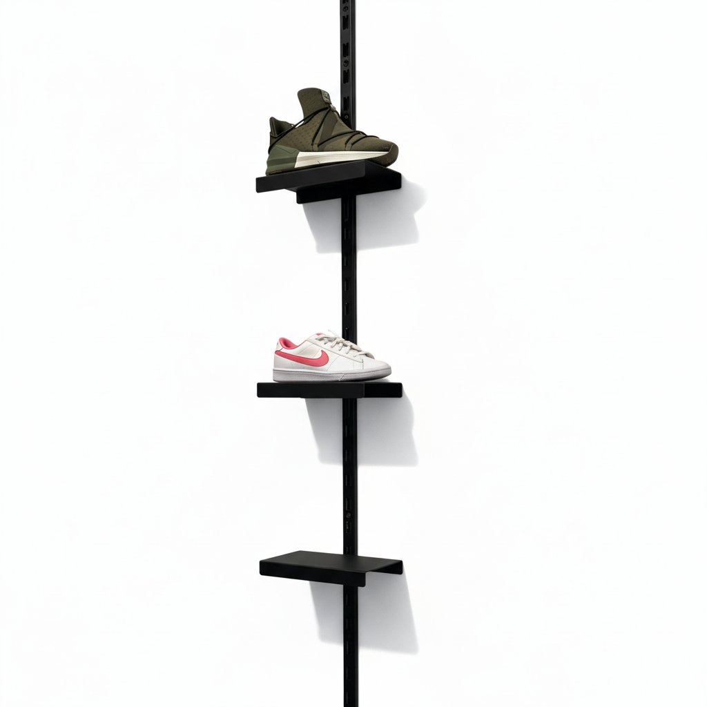 Shoe display – wall rail in black, H 240 cm with 5 shoe shelves
