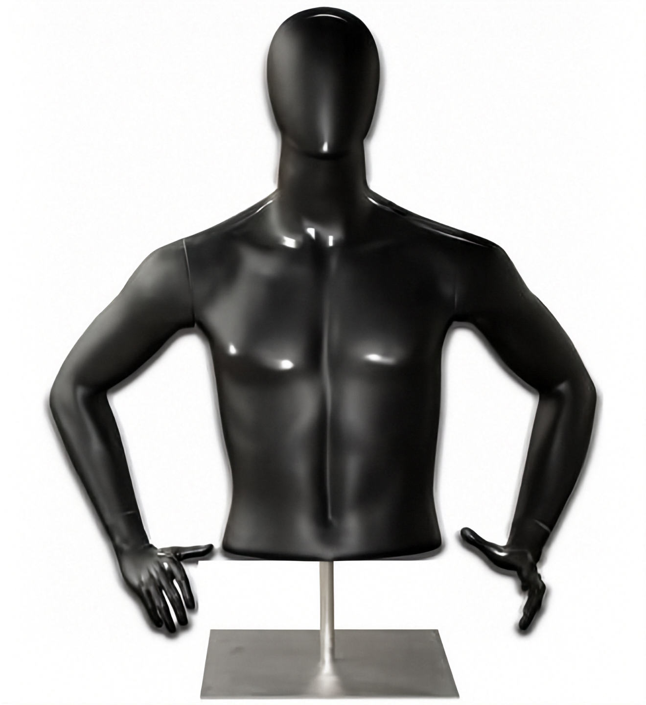 5401 men's torso for table display. Black high gloss with Faceless head and arms. Base plate in stainless steel.
