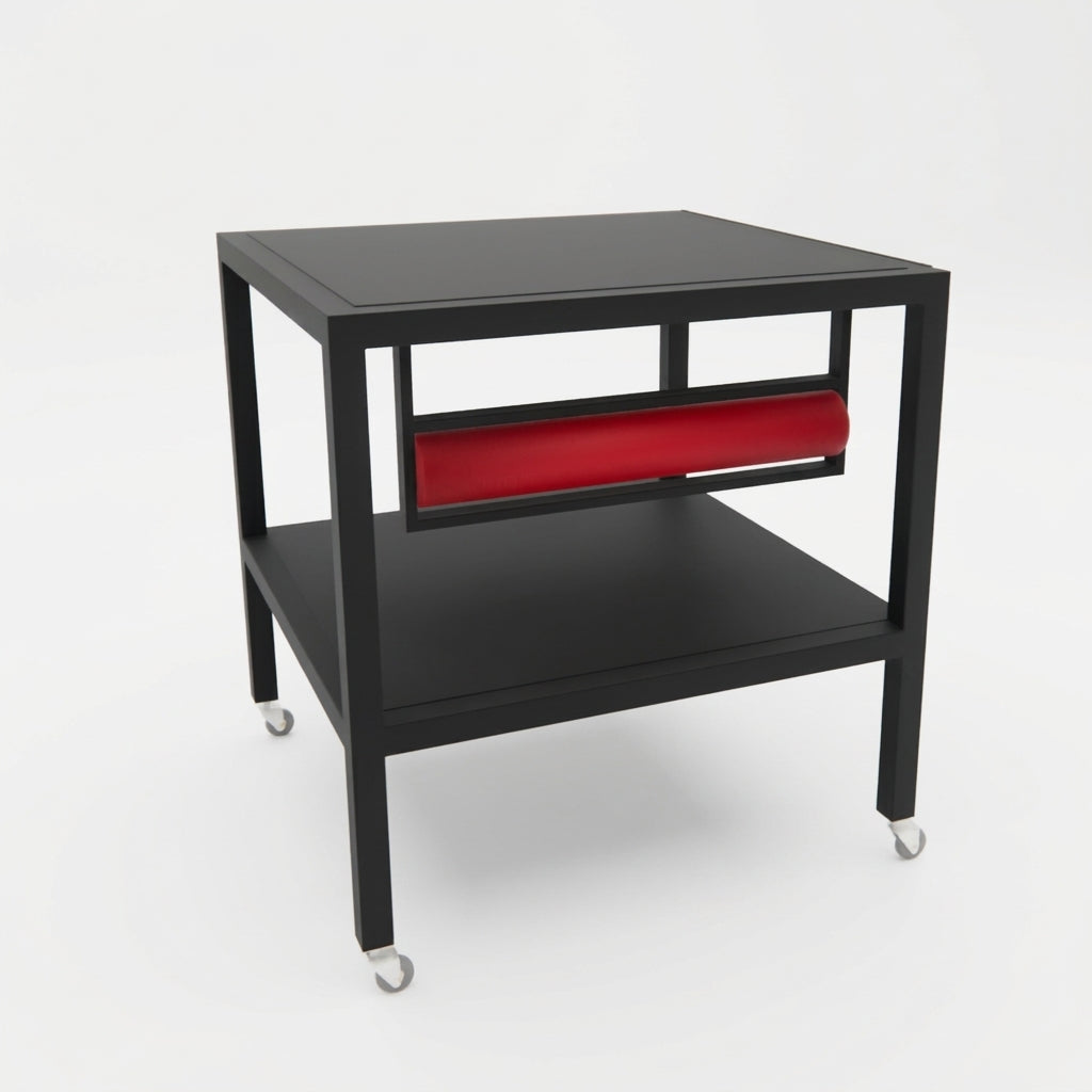 Packing table on wheels with black tabletops, 80 x 80 x H80 cm. Incl. paper roll holders