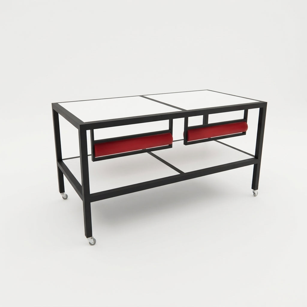 Packing table on wheels with white tabletops, 160 x 80 x H80 cm. Incl. 2 paper roll dispensers