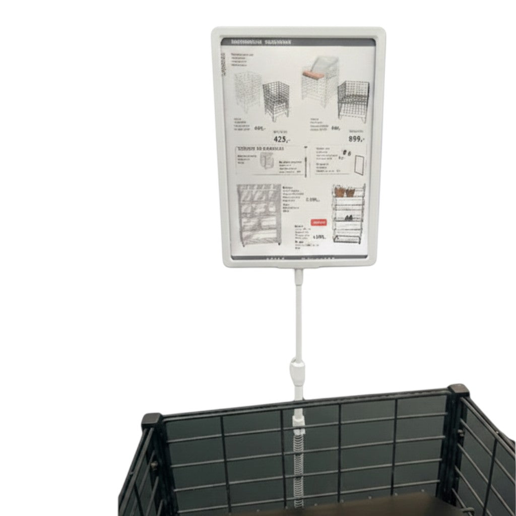 SuperSellerS A4 grey plastic sign holder with spring mount attached to a wire basket for retail display