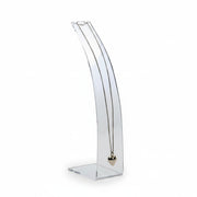 SuperSellerS curved clear acrylic necklace display stand holding a silver heart pendant necklace