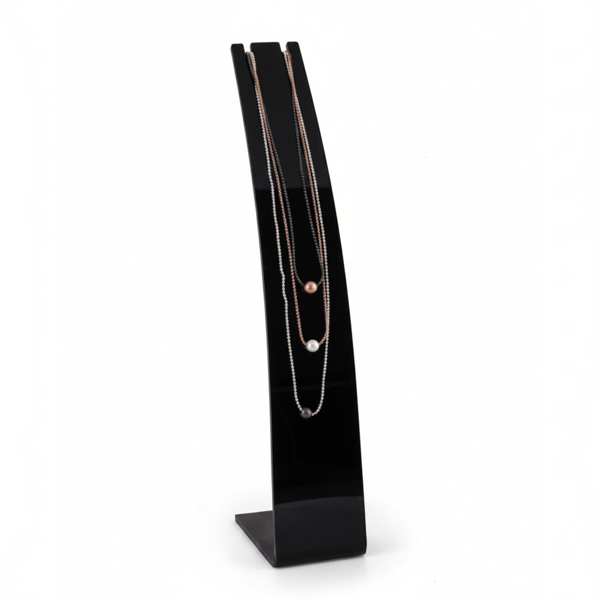 SuperSellerS curved black acrylic necklace display stand for jewelry retail presentation
