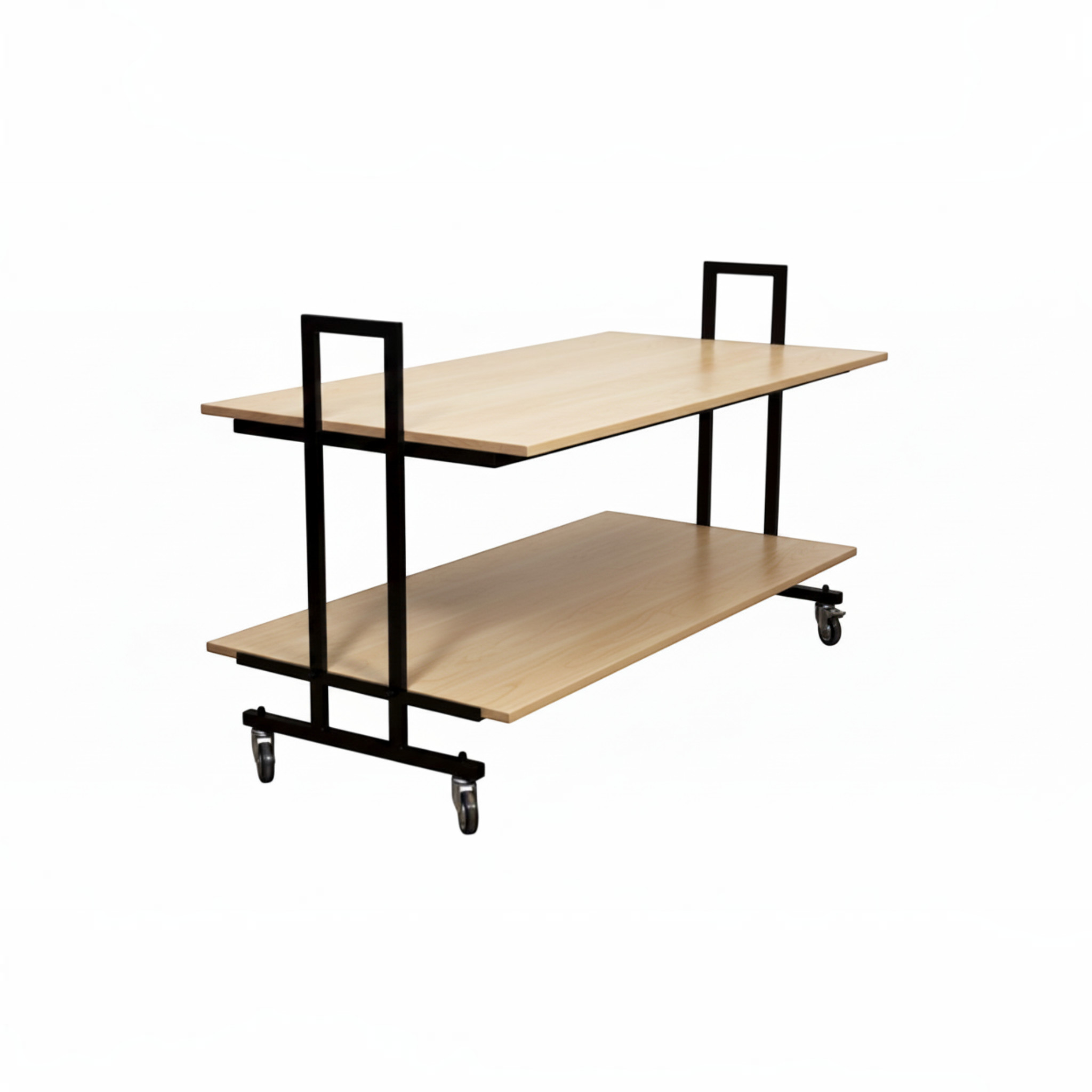 SuperSellerS double-tier retail display table with maple wood shelves and a black metal frame on wheels.