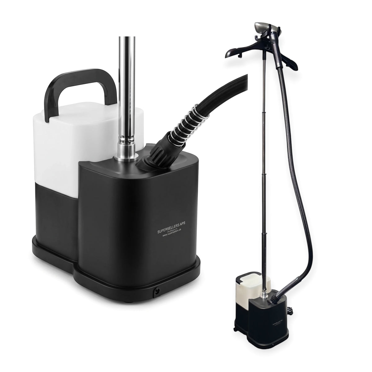 SuperSellerS Elite professionel tøjdamper i sort med 4 liters vandtank, metalhoved og justerbar stang med bøjle.