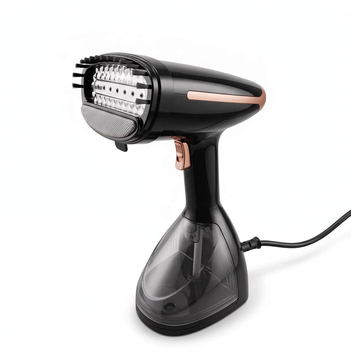 SuperSellerS HANDY Henry tøjsteamer i sort og rosaguld med metalplade, børste og gennemsigtig vandbeholder