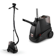 SuperSellerS standard tøjsteamer i sort design med 2000 W effekt, bøjle og hjul til nem flytning