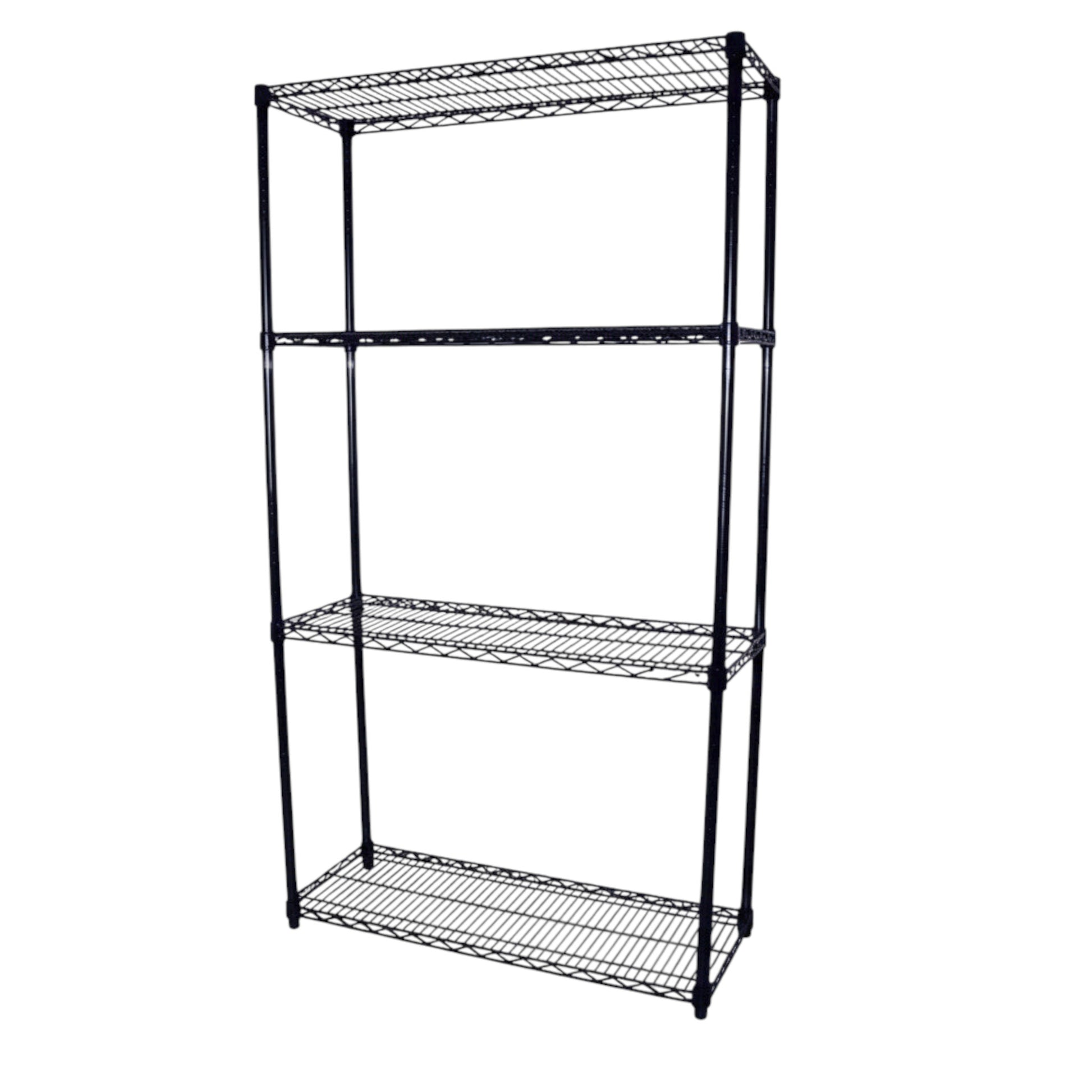 SuperSellerS TUBO tall black wire shelving unit with 4 adjustable shelves for retail display or storage.