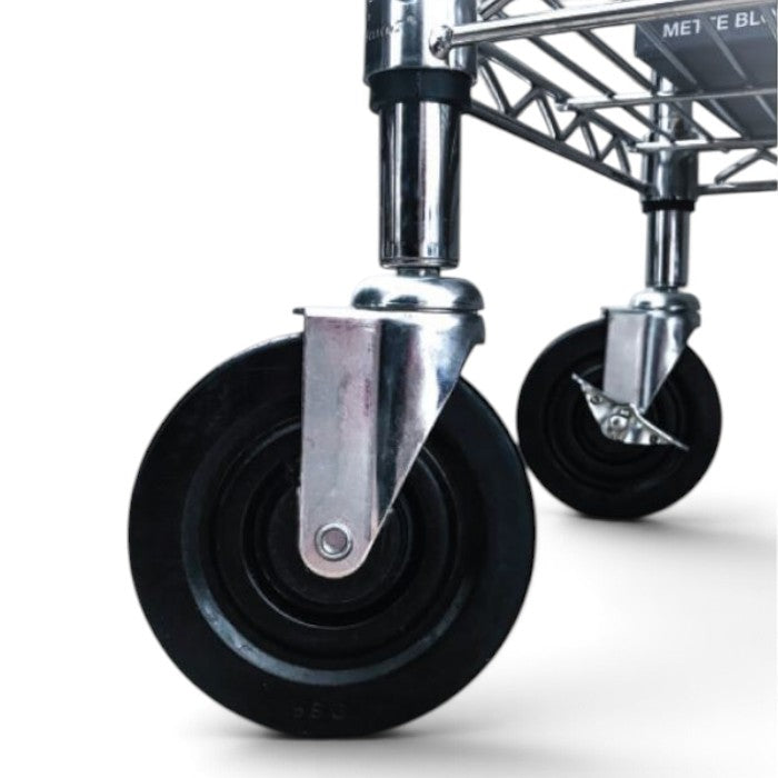 SuperSellerS Tubo heavy-duty 125mm black rubber swivel casters attached to a chrome wire shelving unit