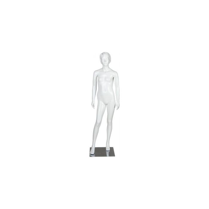 Teenagemannequin, pige 16 år - hvid
Hvid glasfiber, fodplade i metal

Pigemodel 16 år, skulptureret hår

Højde 166 cm
