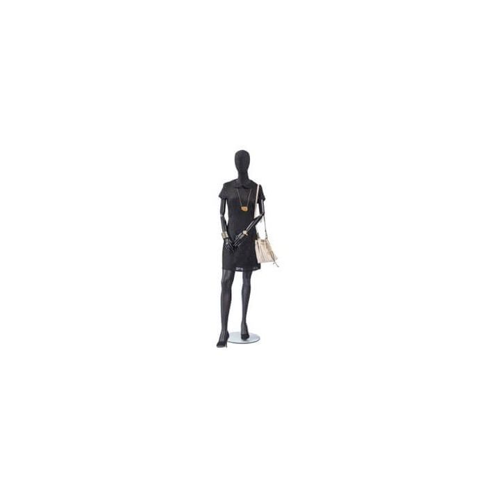 Vintage female mannequin with a black torso and black wooden arms